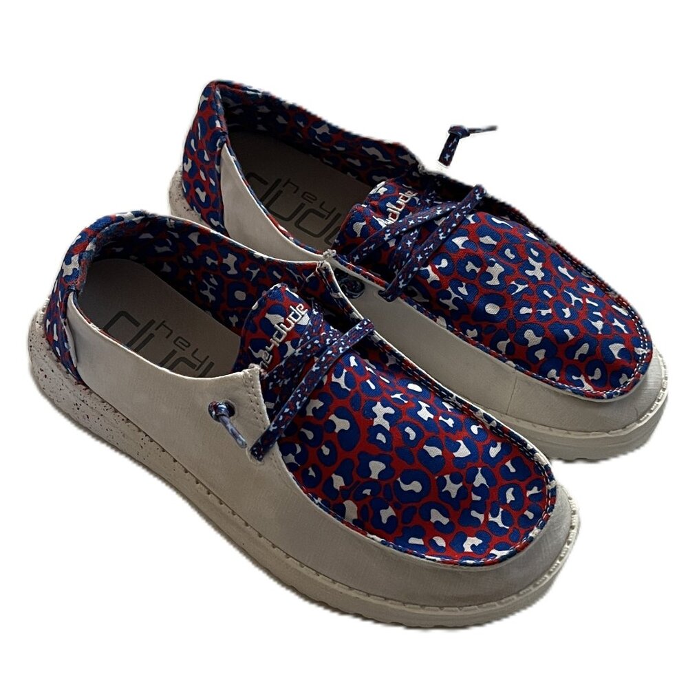 HEY DUDE Wendy Leo Americana Blue Red White Leopard Print Slip On Shoes Womens 7